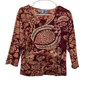 Vintage Jane Ashley Late 90s Burgundy V-Neck Floral Paisley Blouse Casual Top XL